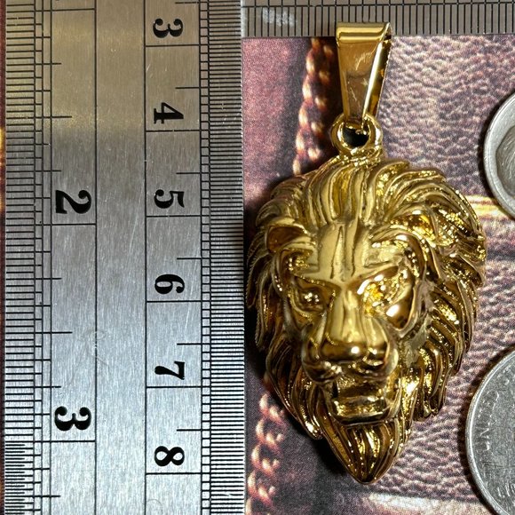 Large Huge Bold Yellow Gold Plated Stainless Steel Lion Pendant Courage Symbol - Picture 9 of 9